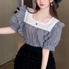 Puff-sleeve Lace Trim Gingham Blouse Black - One Size