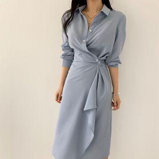 Long-sleeve Plain Shirt Dress Blue - One Size