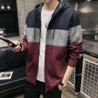 Long-sleeve Color Block Knitted Zipped Hooded Jacket