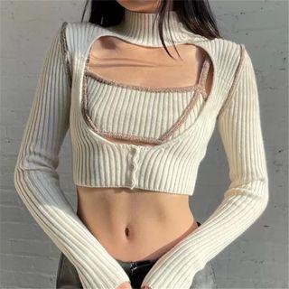 Set: Mock-neck Cutout Knit Crop Top + Camisole Top