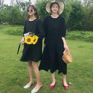 Elbow-sleeve Plain Dress / Midi Dress