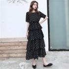 Polka Dot Short-sleeve A-line Layered Maxi Dress
