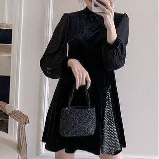 Mandarin Collar Mesh Panel Mini A-line Dress