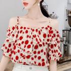 Elbow-sleeve Cold Shoulder Ruffled Patterned Top
