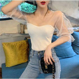 Puff-sleeve Mesh Panel Knit Top