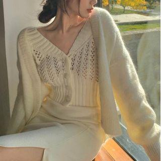 Pointelle Knit Top / Cardigan / Slit Midi Pencil Skirt