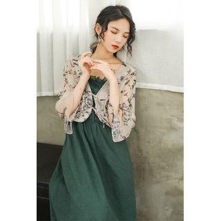 Elbow-sleeve Sheer Floral Chiffon Top / Spaghetti Strap A-line Midi Dress / Set