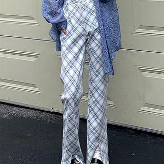 High-waist Plaid Split Bell-bottom Pants
