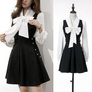 Tie-neck Shirt/ Mini A-line Jumper Dress/ Set