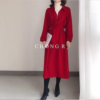 Long-sleeve Midi Chiffon Dress Red - One Size
