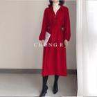Long-sleeve Midi Chiffon Dress Red - One Size
