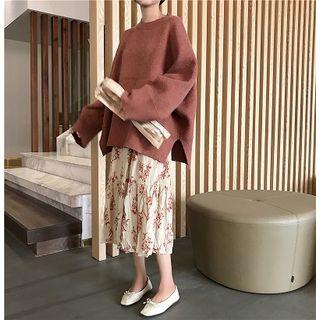 Floral Print Midi Crinkle Skirt / Side Slit Boxy Sweater