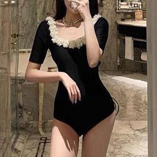 Short-sleeve Lace Trim Drawstring Swimsuit