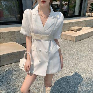 Short-sleeve Double-breasted Blazer / Faux Pearl Body Harness