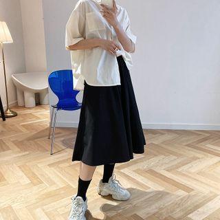 Plain Drawstring-waist Midi A-line Skirt