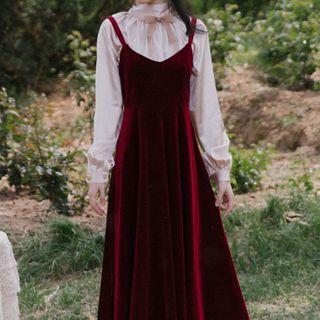 Set : Shirt + Velvet Suspender Skirt