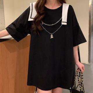 Elbow-sleeve Sailor-collar T-shirt