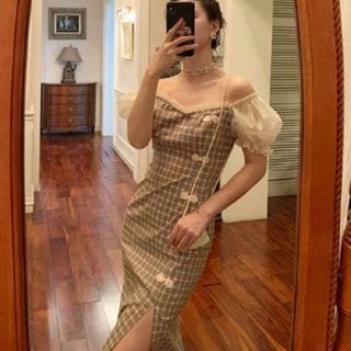 Plaid Slit Midi Bodycon Dress