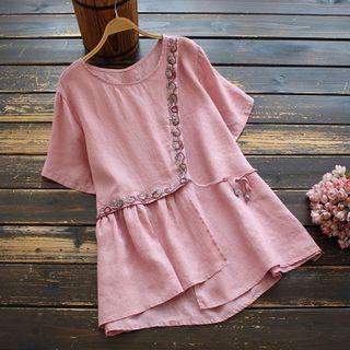 Short-sleeve Embroidered Tie-waist A-line Dress