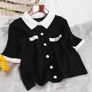 Short-sleeve Two Tone Button-up Knit Top