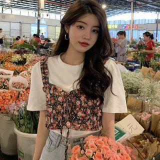 Short-sleeve Plain T-shirt / Lace-up Floral Tank Top