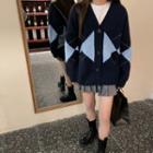 Long-sleeve Plaid Knit Cardigan Blue - One Size