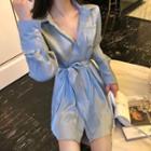 Long-sleeve Slim-fit Shirtdress Light Blue - One Size