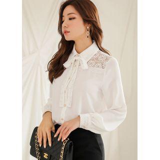 Lace-yoke Bishop-sleeve Blouse With Tie