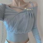 Long-sleeve Mesh Panel Top Airy Blue - One Size