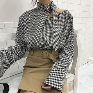 Houndstooth Long-sleeve Blouse