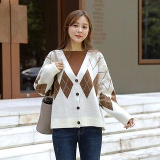 V-neck Oversized Argyle Cardigan