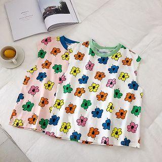 Color-block Picture Print Crewneck Sleeveless Top
