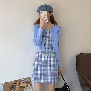 Spaghetti Strap Plaid Mini Sheath Dress / Plain Buttoned Cardigan