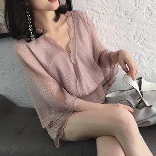 Set: Bell-sleeve V-neck Top + Wide Leg Shorts