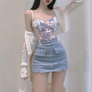 Floral Embroidered Mesh Camisole Top / Cropped Cardigan / Mini Pencil Skirt