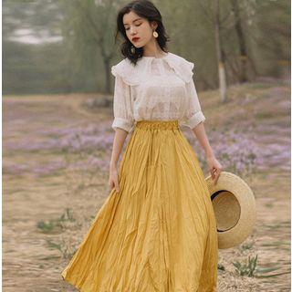 Set: Elbow-sleeve Lace Top + A-line Maxi Skirt