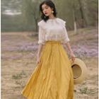 Set: Elbow-sleeve Lace Top + A-line Maxi Skirt