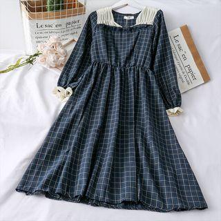 Mesh-panel Checker A-line Dress Navy Blue - One Size