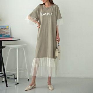 Letter Mesh-trim Maxi T-shirt Dress