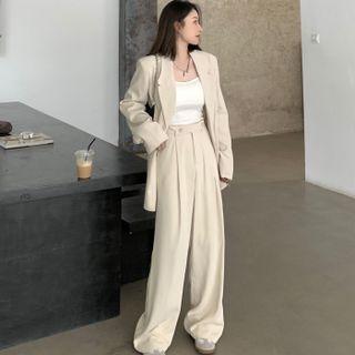 Plain Double Breasted Blazer / Straight-leg Wide-leg Dress Pants