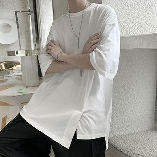 Slit Elbow-sleeve Plain Oversize Tee