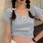 Lace Trim Short-sleeve V-neck Cropped Top