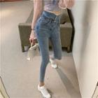 High Waist Faux Pearl Trim Skinny Jeans