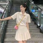 Elbow-sleeve Cherry Embroidered Polo Shirt / Pleated Mini A-line Skirt