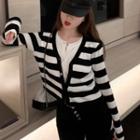 Long-sleeve Striped Buttoned Knit Top Stripe - Black & White - One Size