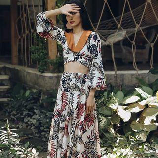 Set: Long-sleeve Floral Cropped Top + Maxi Floral A-line Skirt