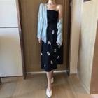 Tube Top / Flower Print A-line Midi Skirt / Open Front Light Jacket