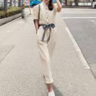 Buttoned Tie-waist Short-sleeve Jumpsuit