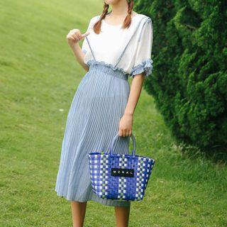 Set: Elbow-sleeve T-shirt + Pleated Suspender Skirt