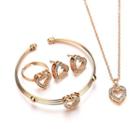 Set: Rhinestone Heart Pendant Necklace + Earring + Ring + Open Bangle Gold - One Size